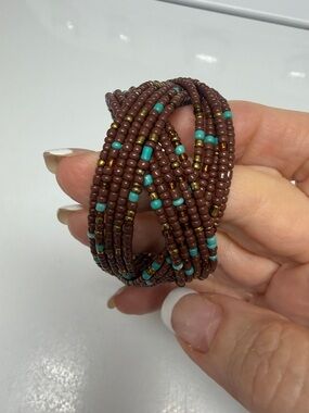 Multi-Strand Brown Beaded Bracelet with Turquoise Accents